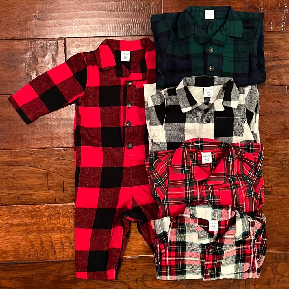 5 Holiday One piece Flannel Outfit Bundle, 3-6 months